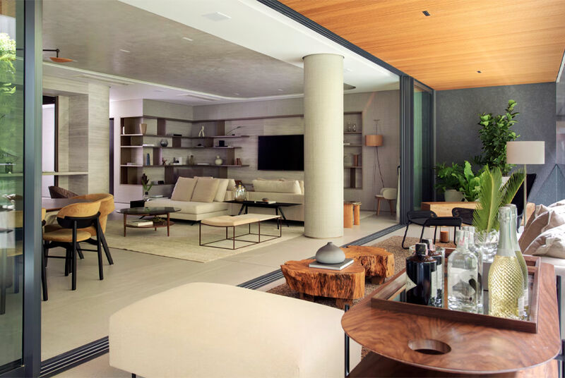 Sala de estar moderna com mobiliário elegante e decoração minimalista