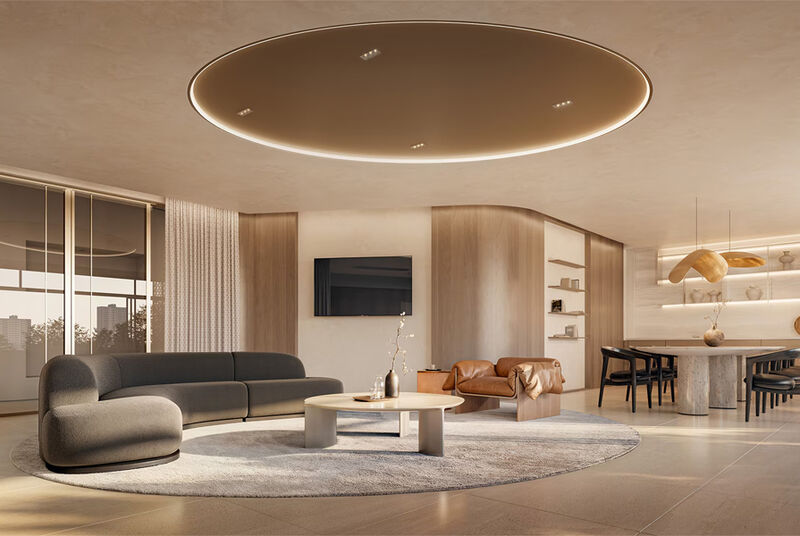 Sala moderna com sofás e iluminação elegante