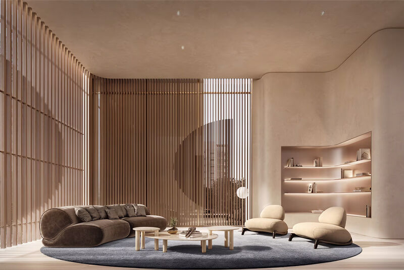 Sala moderna com móveis elegantes e iluminação suave