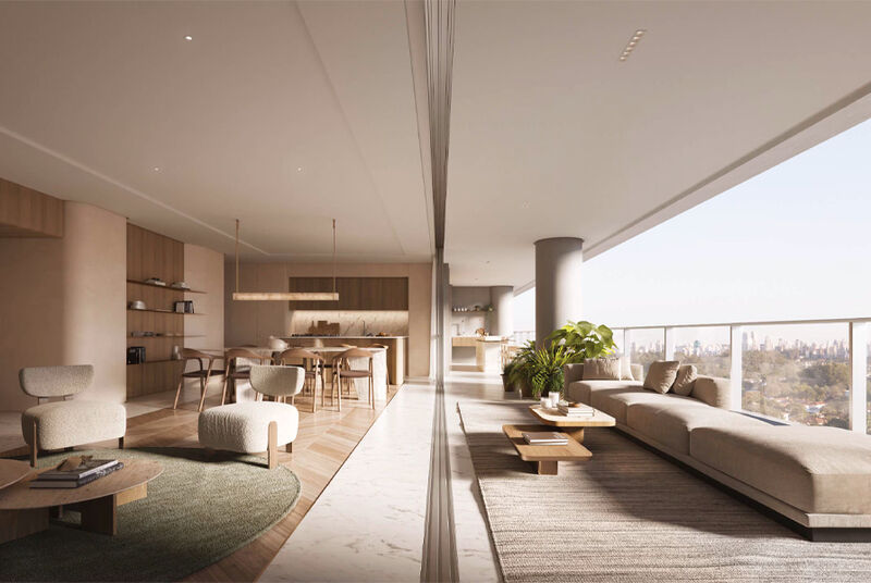 Sala moderna com varanda e vista para a cidade