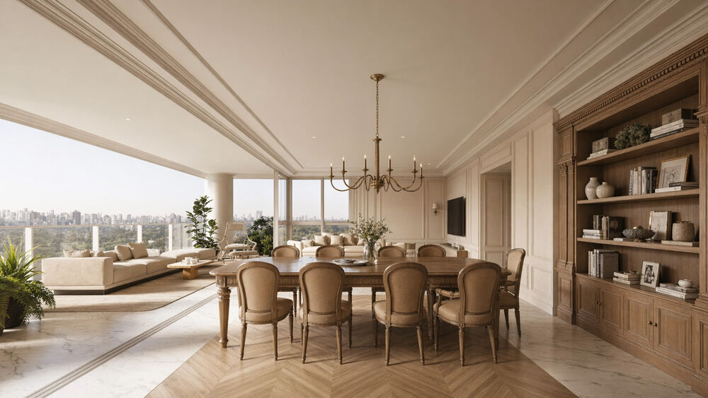 Sala de estar elegante com vista para a cidade