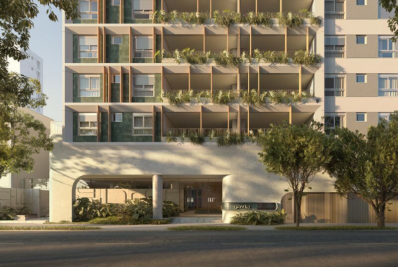 Fachada moderna de prédio residencial com plantas