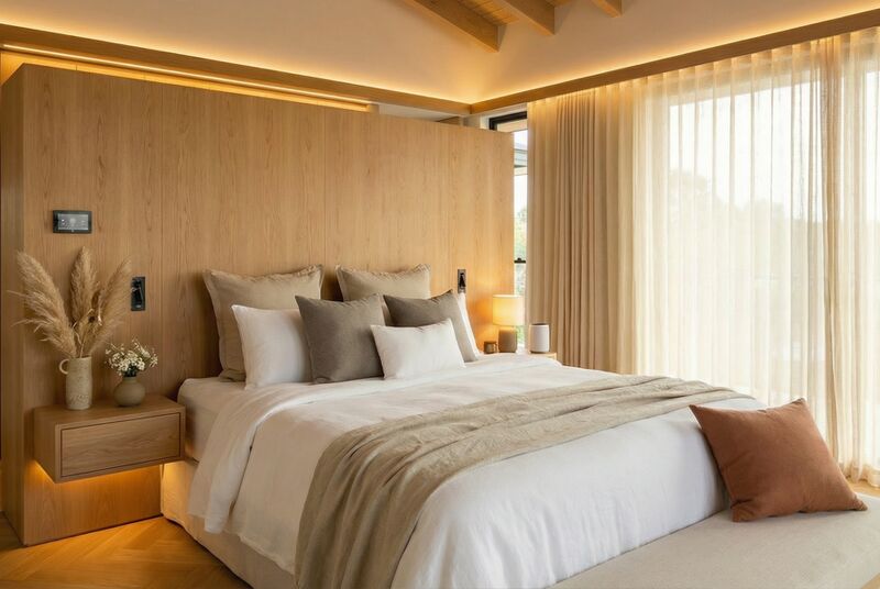 Quarto moderno com cama e decoração neutra