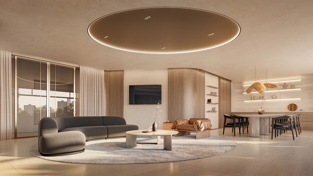 Sala moderna com sofá, mesa e iluminação suave